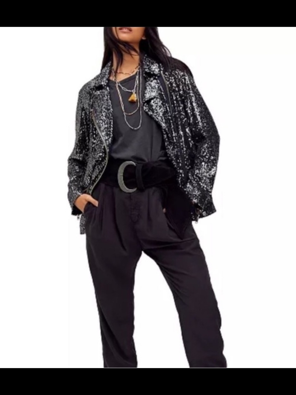 NWT Free People We The Free Black Sequin Moto Jacket - Shimmery Statement Piece